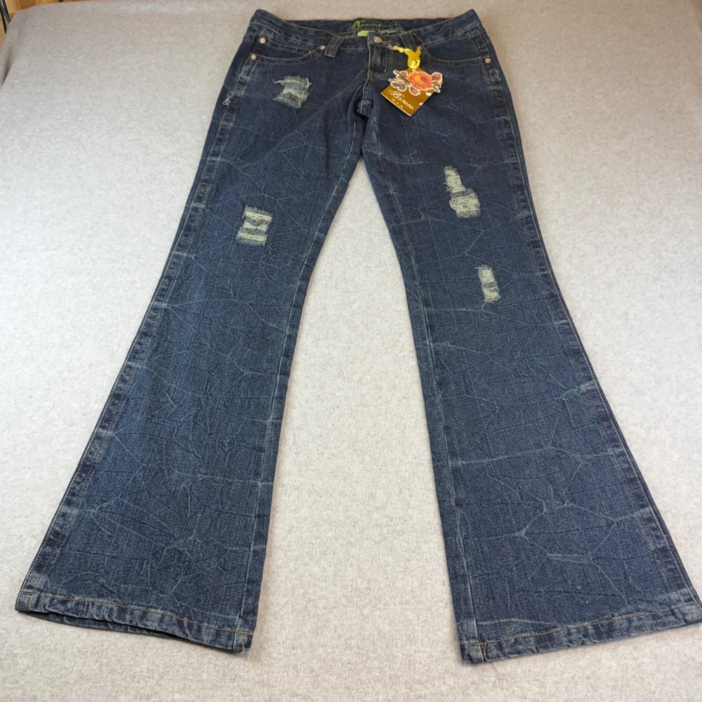 Banana USA Womens Low Rise Flare Jeans Dark Wash Distressed Y2K Crinkle Size 5/6